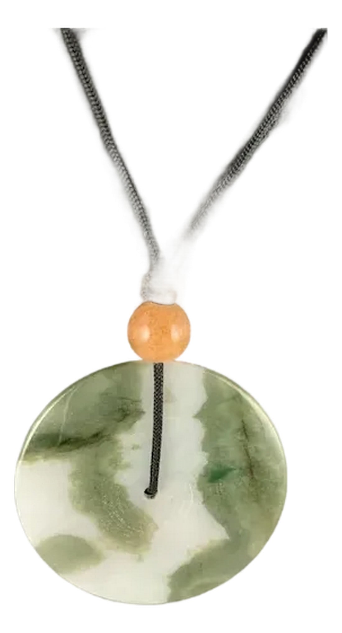 Late 20th Century Large Jade Donut Pendant: Large jade nephrite pendant purchased in Thailand. Vibrant shades of green and white flow throughout this bold piece. Measures 2" and is strung on an adjustable cord 28". Stunning and bold. Thank you 