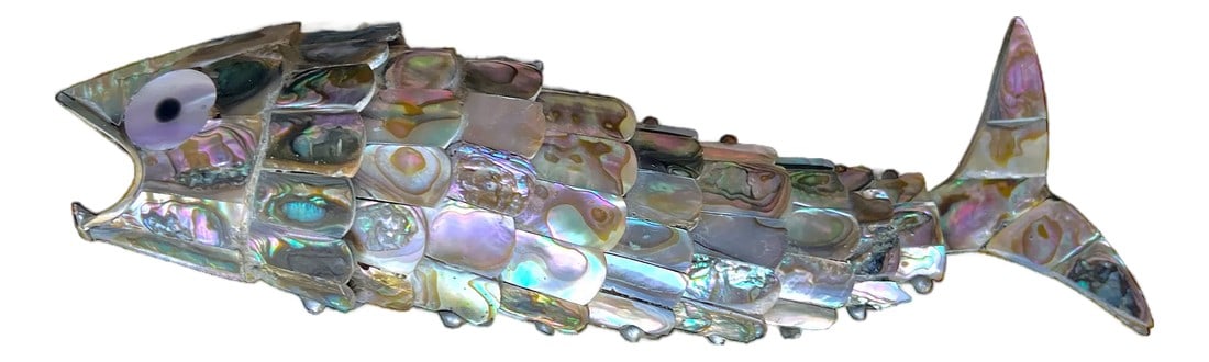 Vintage Articulated Abalone Shell Fish Sculpture & Bottle Opener by Los Castillo, Taxco: Stunning mid-century articulated fish sculpture and bottle opener, handcrafted by Los Castillo of Taxco, Mexico. A collectible piece of functional art, this whimsical yet elegant fish dazzles with han