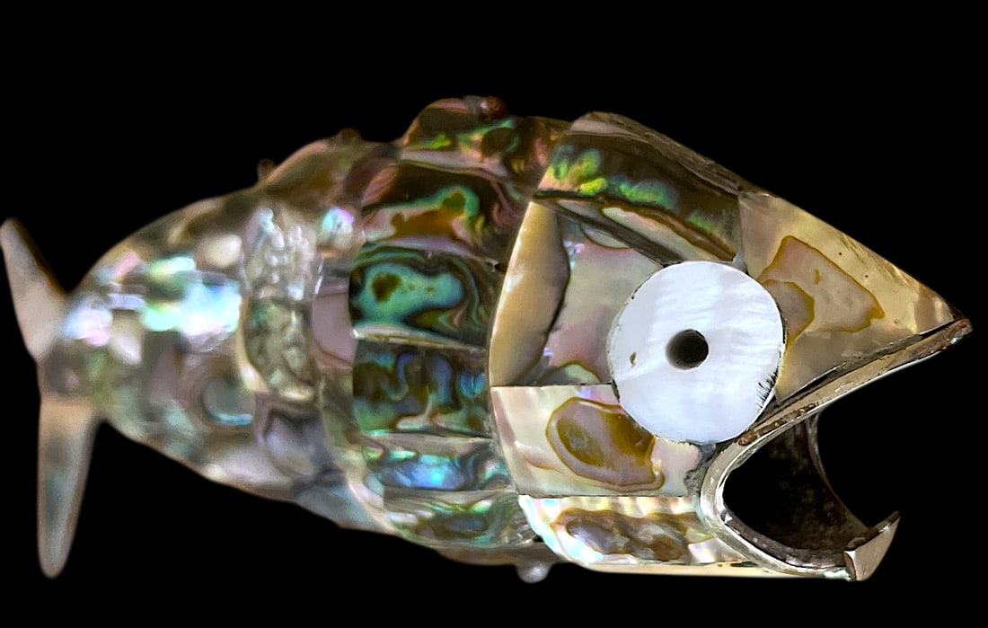 Vintage Articulated Abalone Shell Fish Sculpture & Bottle Opener by Los Castillo, Taxco - 6