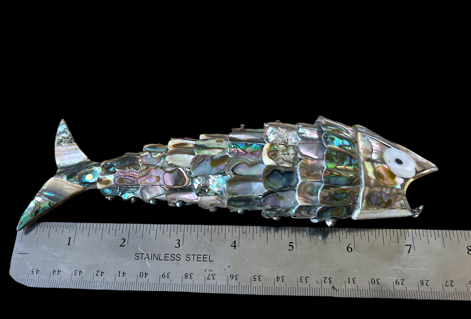 Vintage Articulated Abalone Shell Fish Sculpture & Bottle Opener by Los Castillo, Taxco - 7