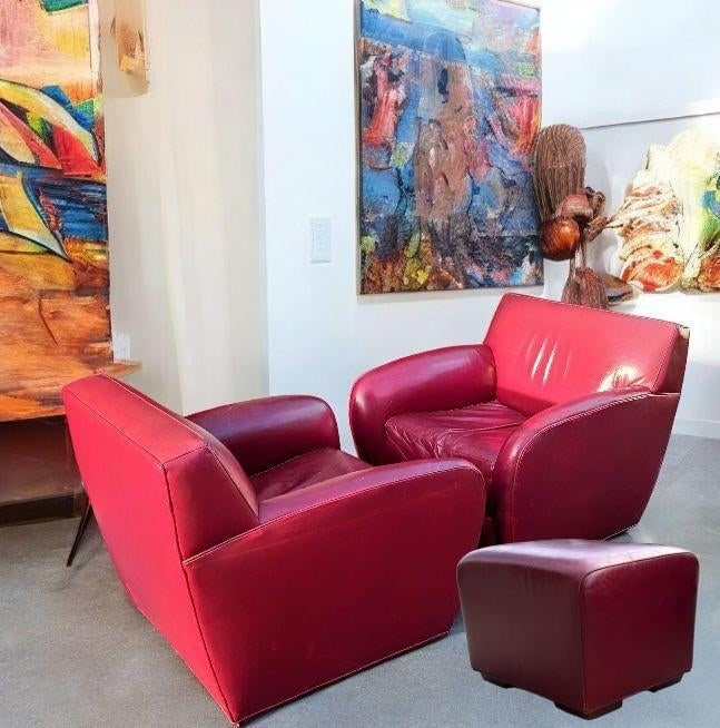 Vintage Italian Leather Club Chairs by Cabot Wrenn & Ottoman, 3 Pieces - 2