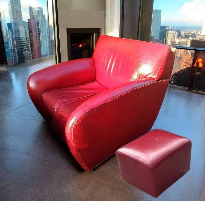 Vintage Italian Leather Club Chairs by Cabot Wrenn & Ottoman, 3 Pieces - 3