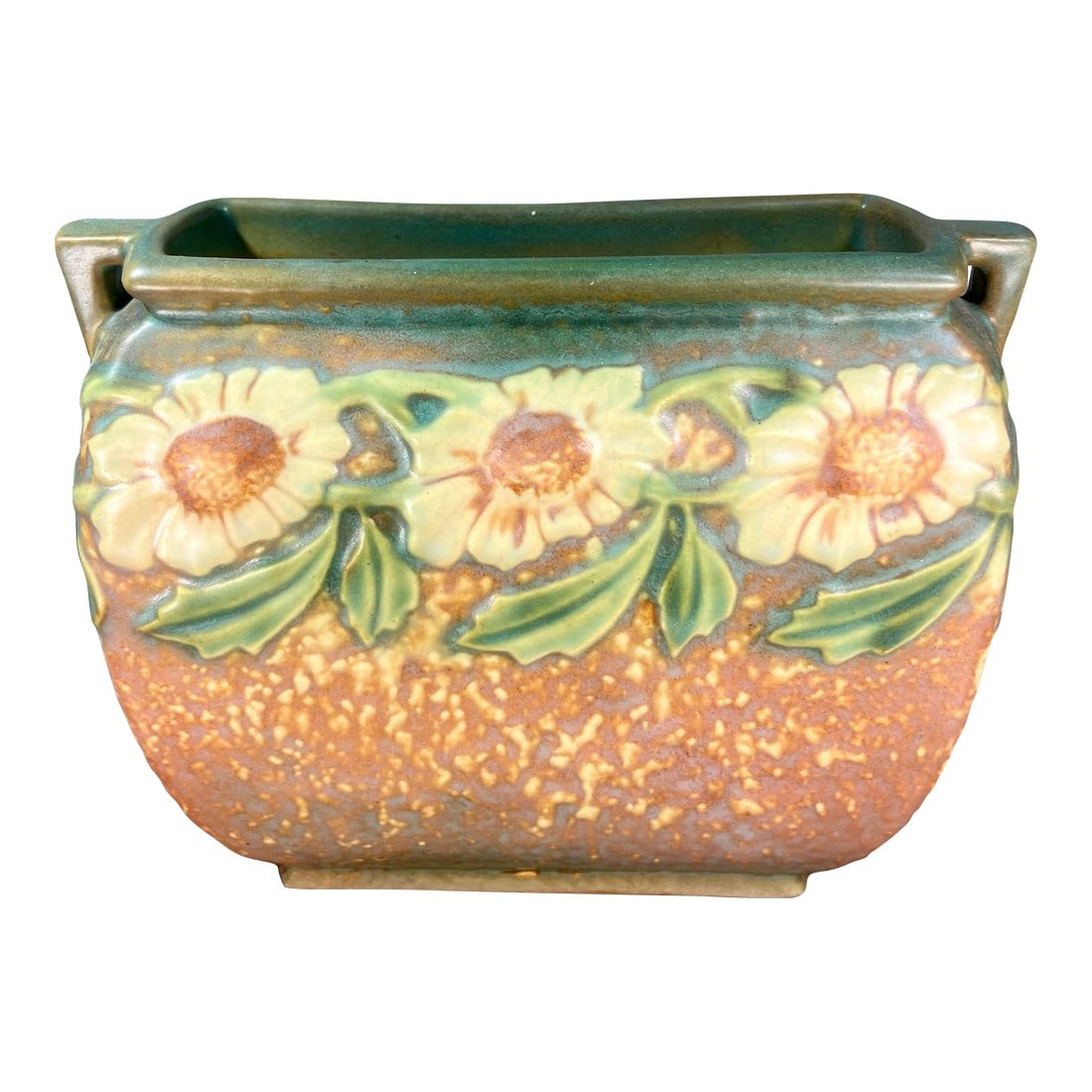 Antique Roseville Dahlrose Art Pottery Vase: Introduced by Roseville Pottery in 1928. Dahlrose is decorated with a daisy-type, yellow flower and green leaves on a textured, greenish-brown base. Condition: Alterations: Original Condition