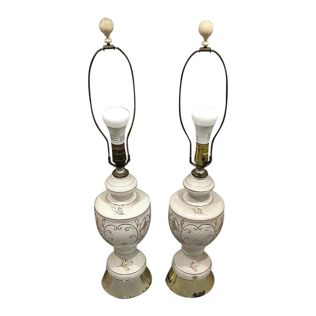 Vintage West Germany MCM Table Lamps - Pair With Shades - White Satin Glass Gold Floral: A stunning pair of vintage Mid-Century Modern table lamps crafted in West Germany, featuring elegant white satin glass bodies adorned with hand-painted gold floral accents. These beautiful lamps