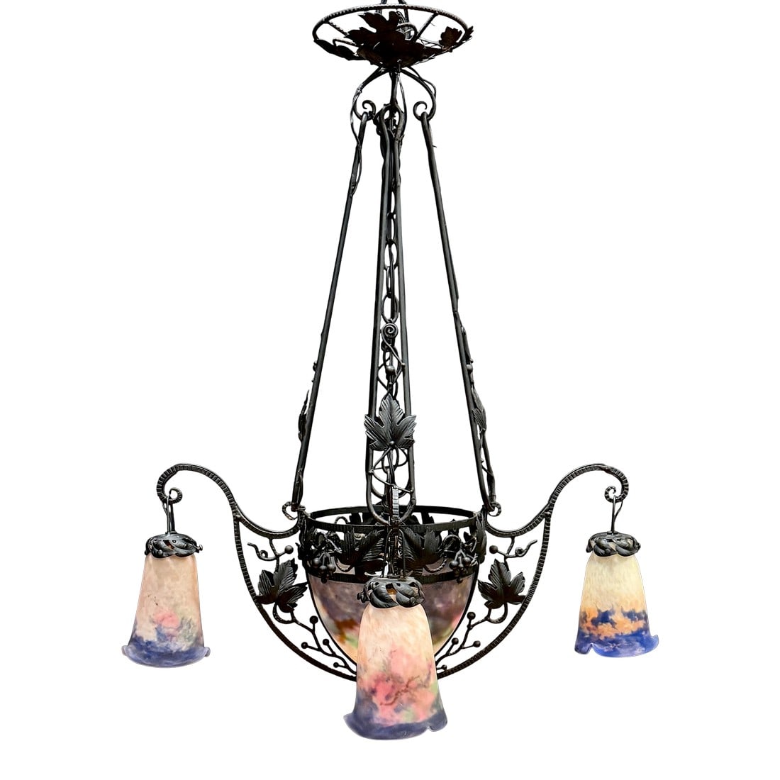 Early 20th Century Muller Frères Luneville Art Nouveau Chandelier, Signed: An exceptional signed Muller Frères Luneville Art Nouveau chandelier featuring a masterfully hand-forged wrought-iron frame adorned with naturalistic vine and leaf motifs. The fixture supports