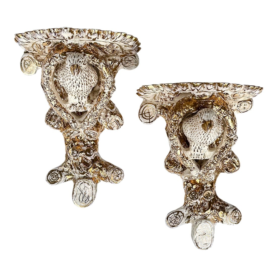 English Ceramic Bird Wall Bracket Shelves, Pair, 19th Century: A rare and sculptural pair of 19th-century English faux bois ceramic wall brackets, each modeled with a beautifully rendered parrot perched within a naturalistic branch form. The creamy ground and