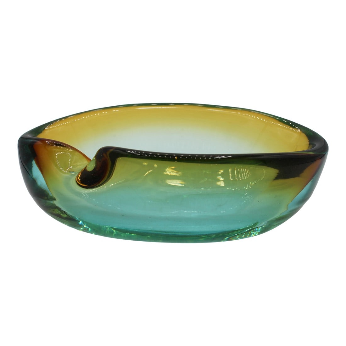 Circa 1950s Amber to Green Murano Glass Amporphous Form Cigar Ashtray: Amber to green Murano glass amorphous form cigar ashtray, circa 1950s. Sommerso technique - multi-hued effect created by dipping & fusing different colored glass pieces together. Attributed to Flavio