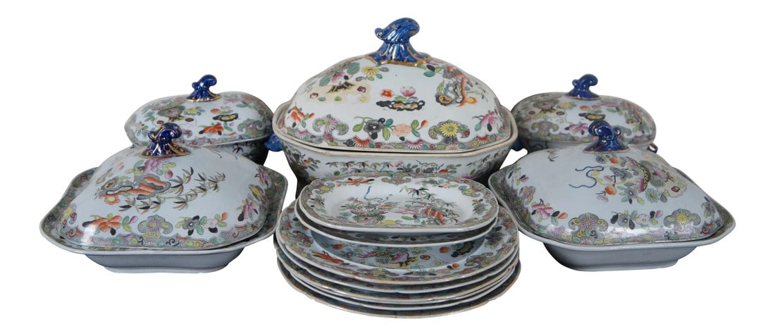 1825 Antique Stephan Folch Bamboo & Basket Hand-Painted Ironstone China Set - 18 Pieces: Circa 1820 Stephen Folch dinner set in Bamboo & Basket pattern with Royal Arms mark, Circa 1825 Each piece has a light grey-blue glaze and has been beautifully and carefully hand-painted in a