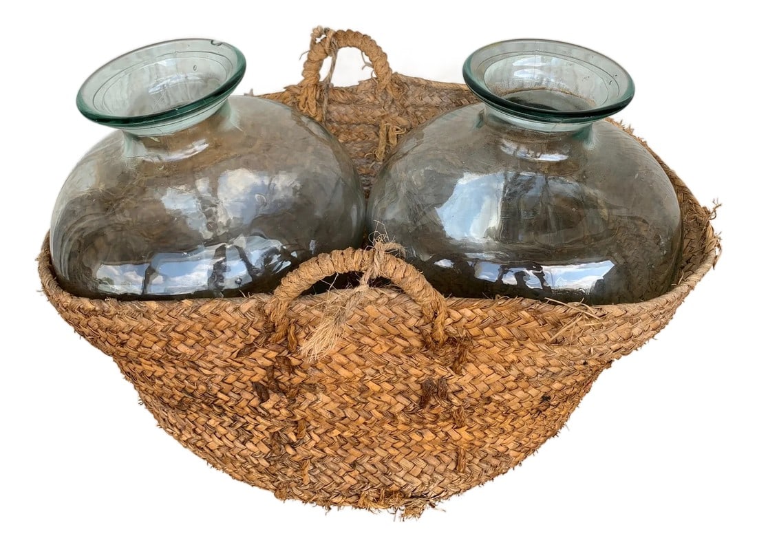 Late 19th Century Set of 2 Green Glass French Demijohn Bottles with Woven Esparto Basket (1 of 18)