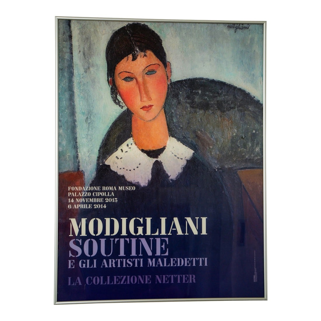 Vintage Framed Modigliani Exhibition Poster, Italian Museum Print: Rome 2015 An original vintage exhibition poster featuring Amedeo Modigliani, produced for an Italian museum exhibition and professionally framed. The expressive portrait reproduction and period