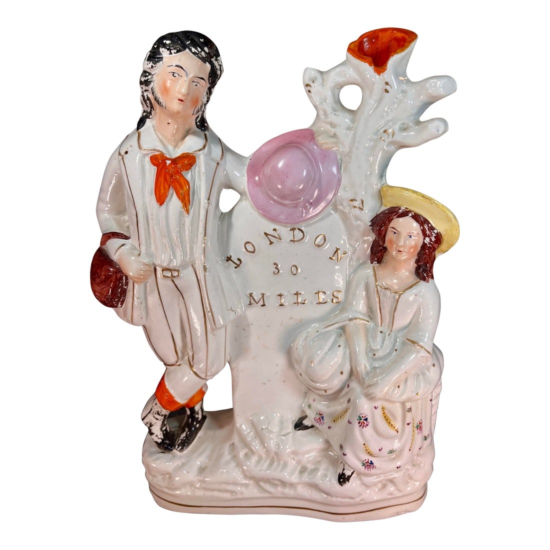 Antique Staffordshire Figure 30 Miles to London: Depicts a man and woman resting by a mile marker indicating the distance to London. Painted in overglaze enamels with gilt highlights. Condition: Alterations: Original Condition Unaltered
