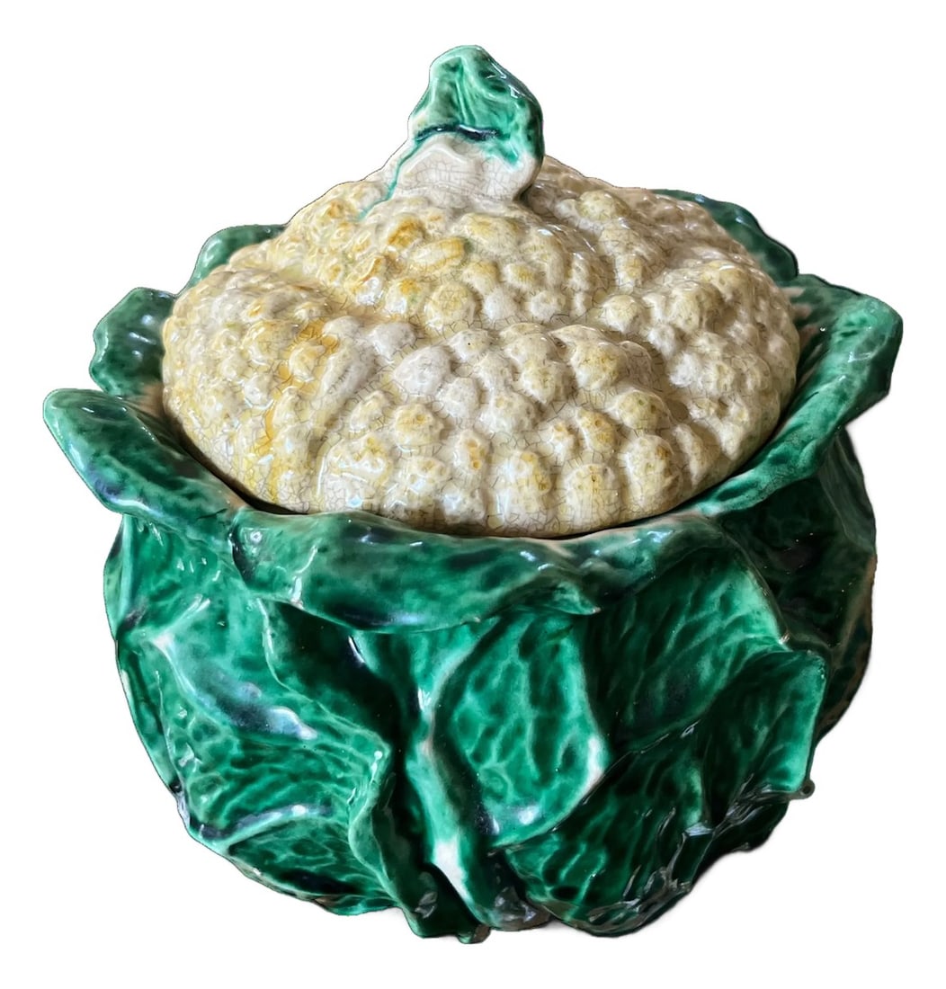 Antique French Cauliflower Cabbage Soup Tureen "” Majolica Ceramic Vegetable Form: A delightful antique French cauliflower soup tureen, rendered in vibrant majolica ceramic with a richly modeled green cabbage-leaf base and textured cream cauliflower-style lid. This sculptural piece