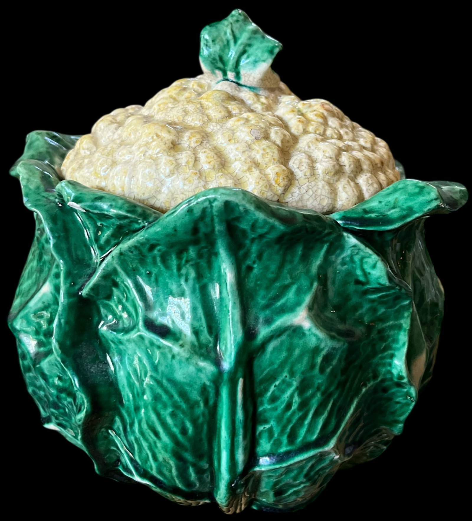 Antique French Cauliflower Cabbage Soup Tureen "” Majolica Ceramic Vegetable Form - 2