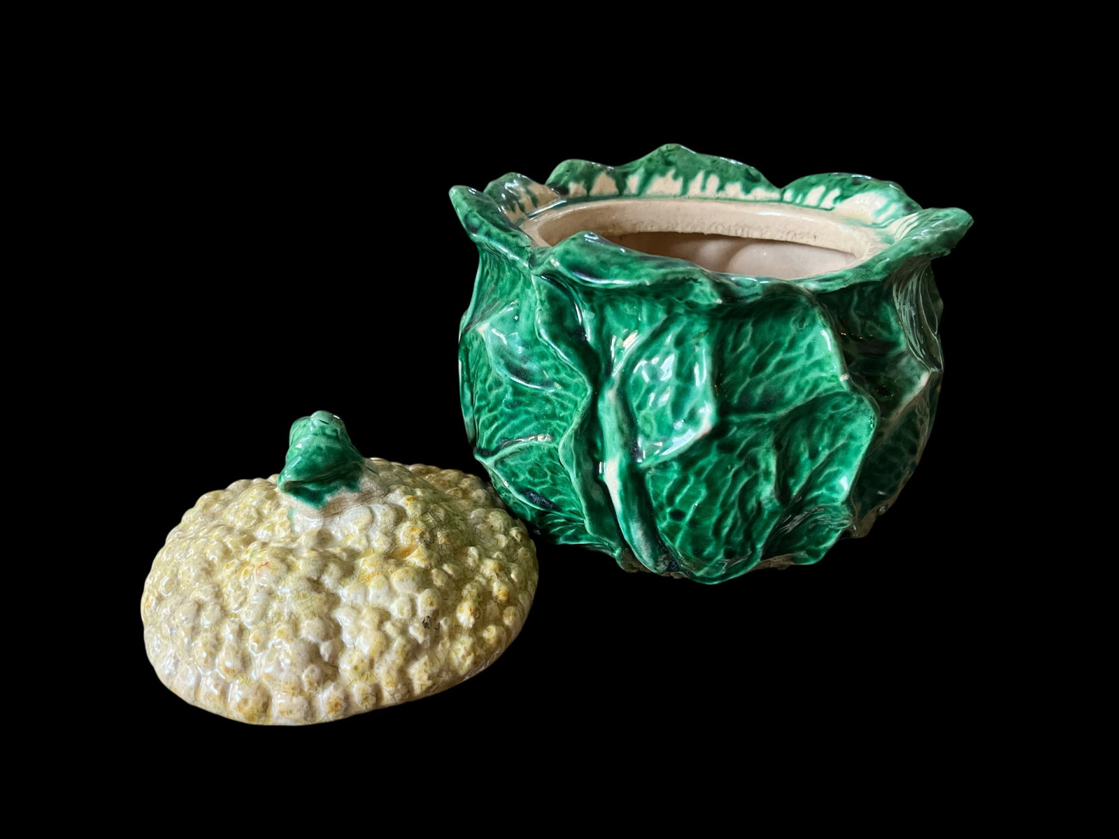 Antique French Cauliflower Cabbage Soup Tureen "” Majolica Ceramic Vegetable Form - 3