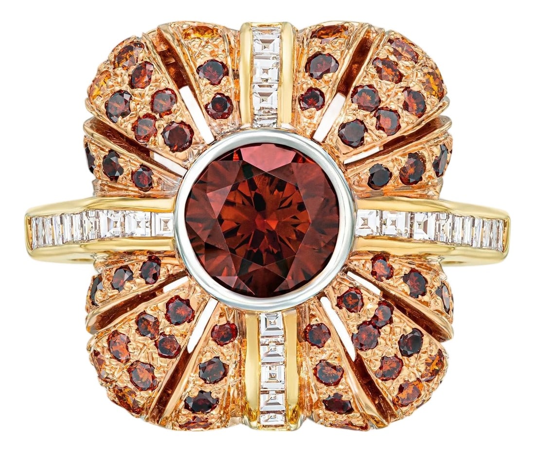 Turtle Pond Simon Ardem Central Park Fall Collection, Size 6.5: Diamond Ring with cross band of channel set career cut Diamonds, center stone is .85ct Fancy Orange-Brown VS2. Round cut diamond and graduating Natural Fancy Earth tone VVS-SI1 diamonds (Brown,