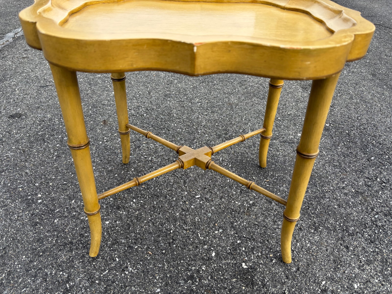 Mid 20th C. Hand Painted Mustard Yellow Tole Serving Tray on Fitted Faux Bamboo X Base Stand - 10