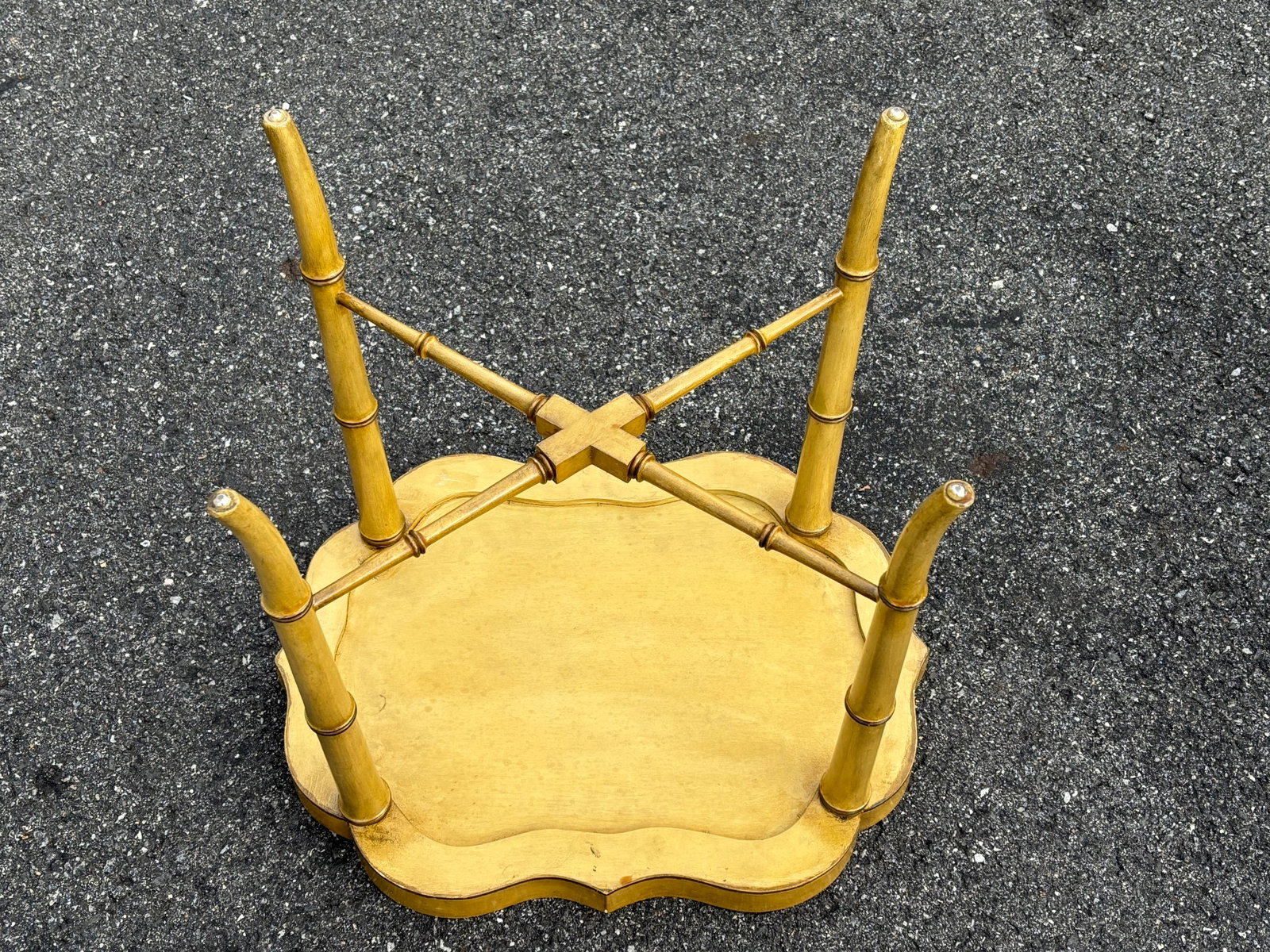 Mid 20th C. Hand Painted Mustard Yellow Tole Serving Tray on Fitted Faux Bamboo X Base Stand - 11