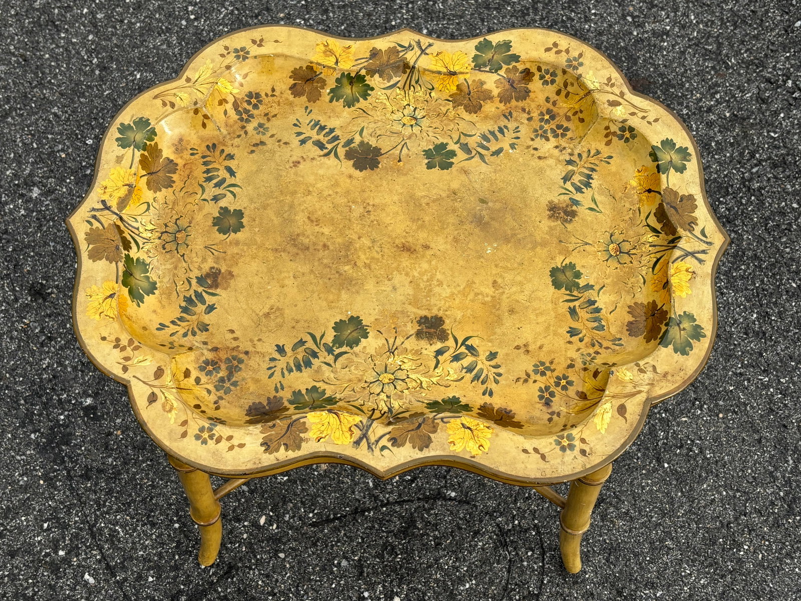 Mid 20th C. Hand Painted Mustard Yellow Tole Serving Tray on Fitted Faux Bamboo X Base Stand - 2