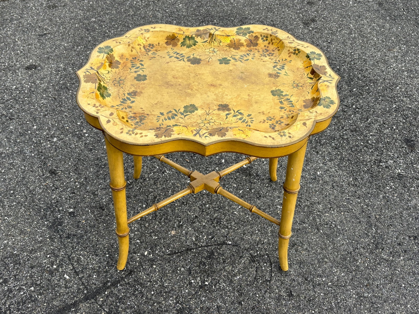 Mid 20th C. Hand Painted Mustard Yellow Tole Serving Tray on Fitted Faux Bamboo X Base Stand - 3