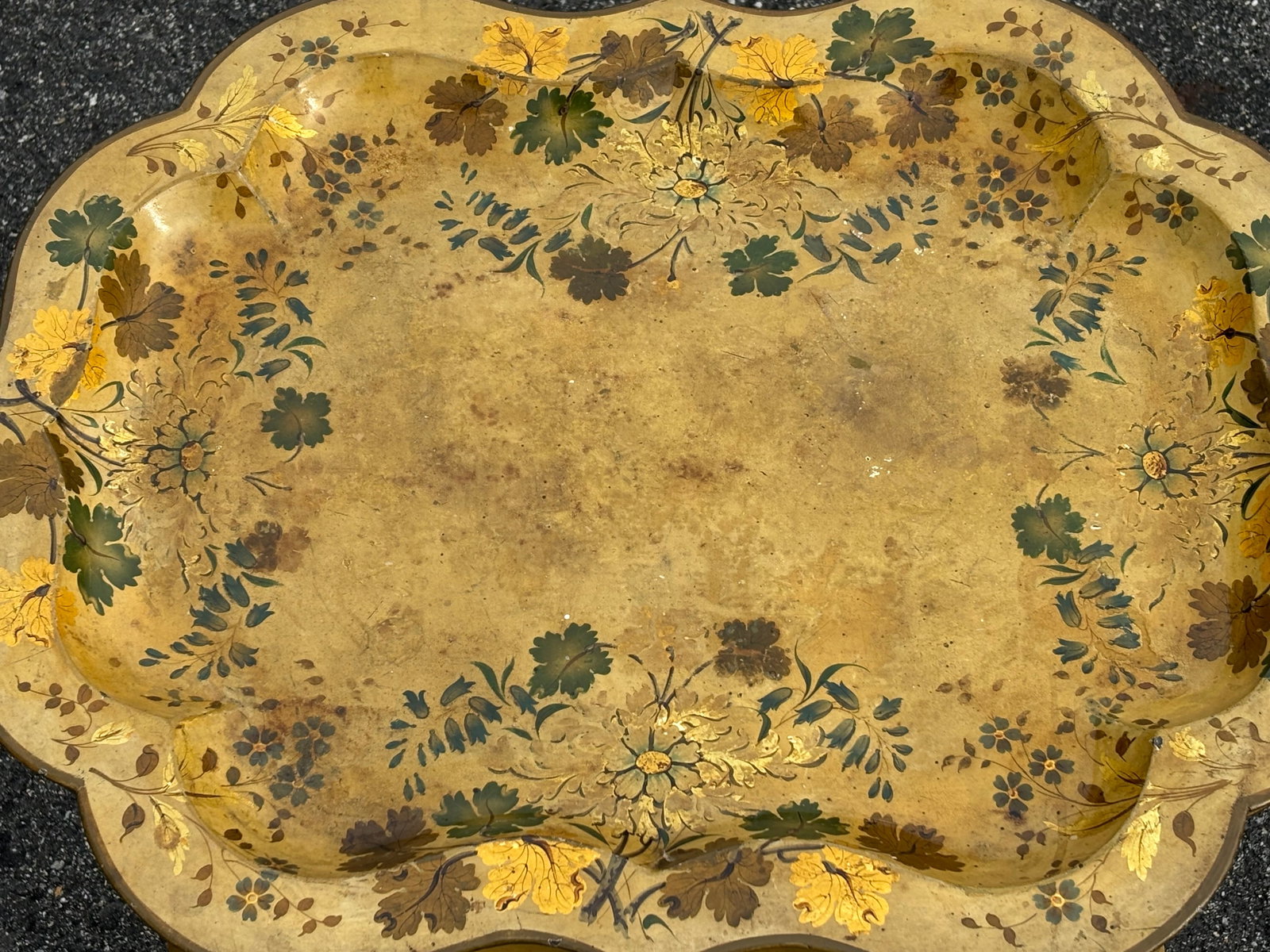 Mid 20th C. Hand Painted Mustard Yellow Tole Serving Tray on Fitted Faux Bamboo X Base Stand - 4