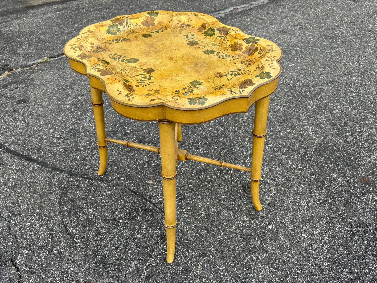 Mid 20th C. Hand Painted Mustard Yellow Tole Serving Tray on Fitted Faux Bamboo X Base Stand - 5
