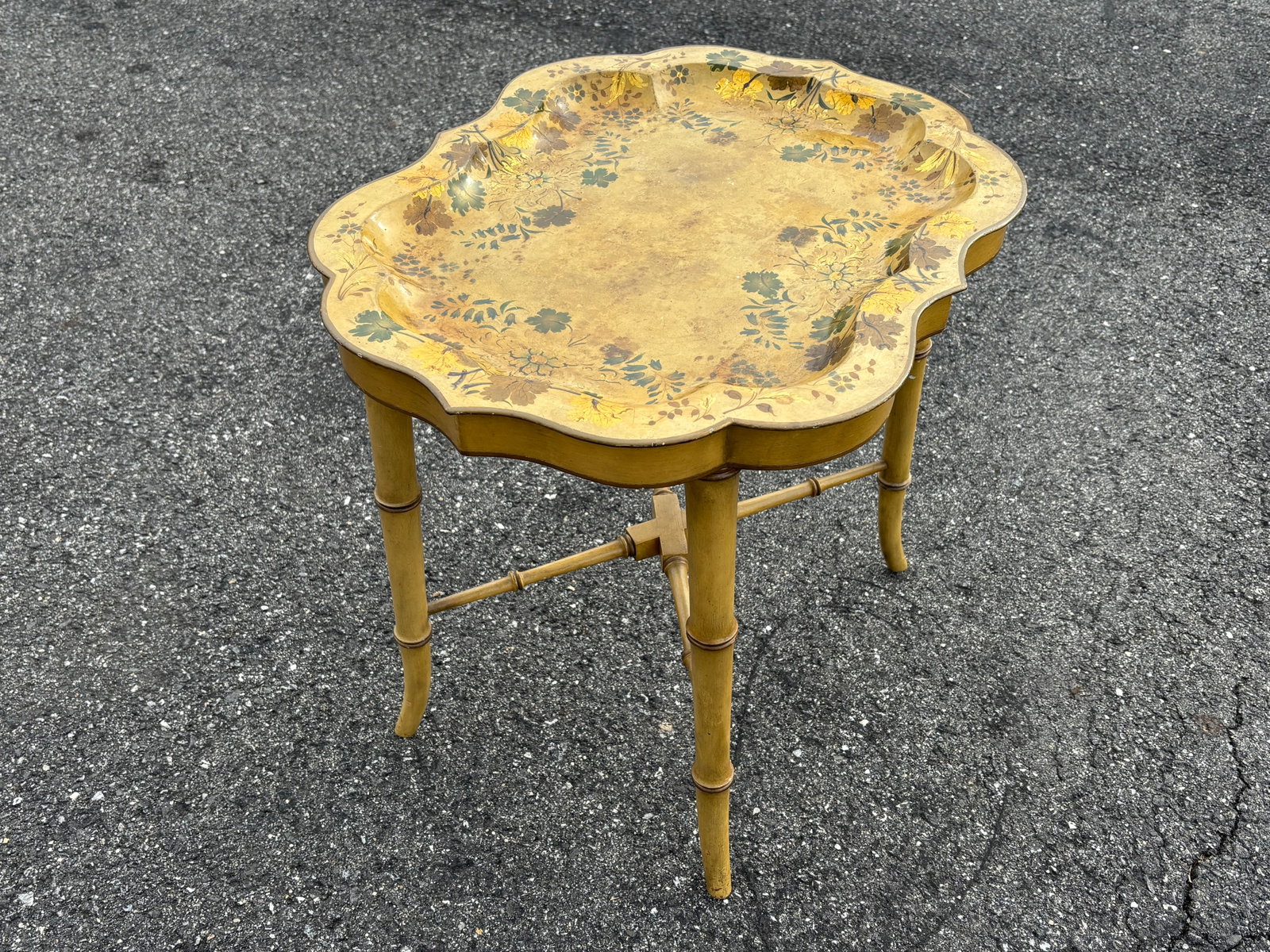 Mid 20th C. Hand Painted Mustard Yellow Tole Serving Tray on Fitted Faux Bamboo X Base Stand - 6