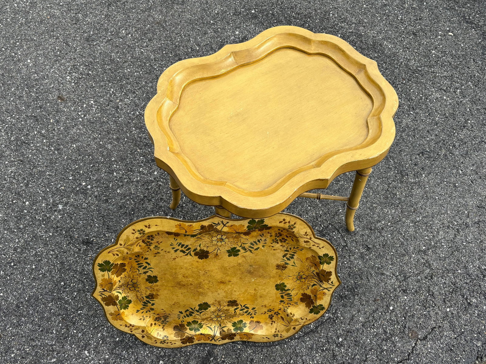 Mid 20th C. Hand Painted Mustard Yellow Tole Serving Tray on Fitted Faux Bamboo X Base Stand - 7