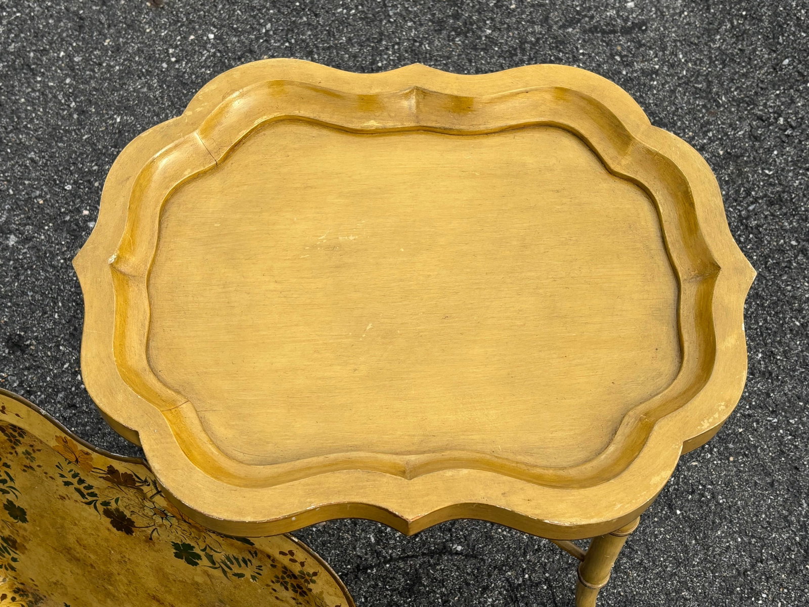Mid 20th C. Hand Painted Mustard Yellow Tole Serving Tray on Fitted Faux Bamboo X Base Stand - 8