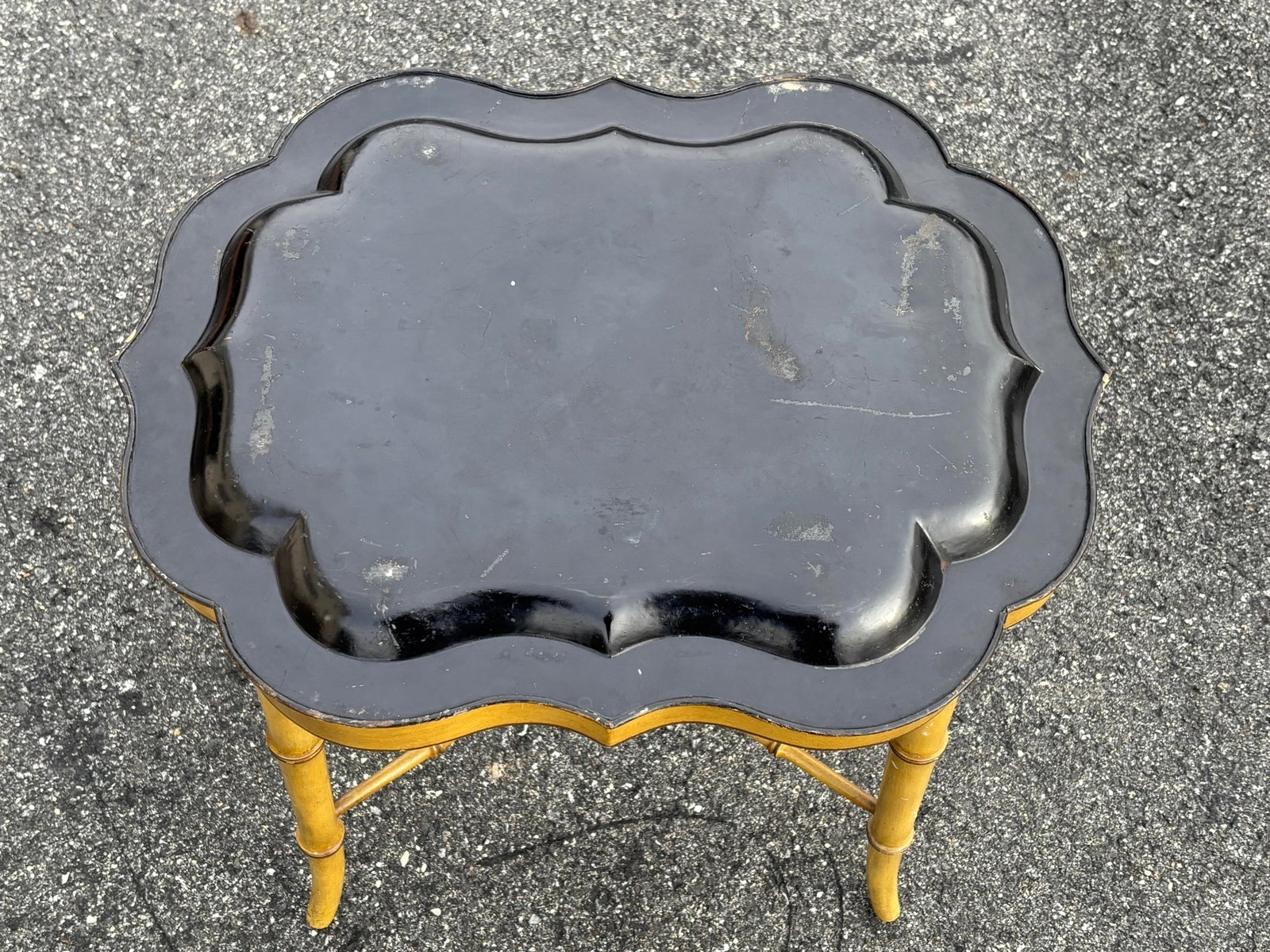 Mid 20th C. Hand Painted Mustard Yellow Tole Serving Tray on Fitted Faux Bamboo X Base Stand - 9