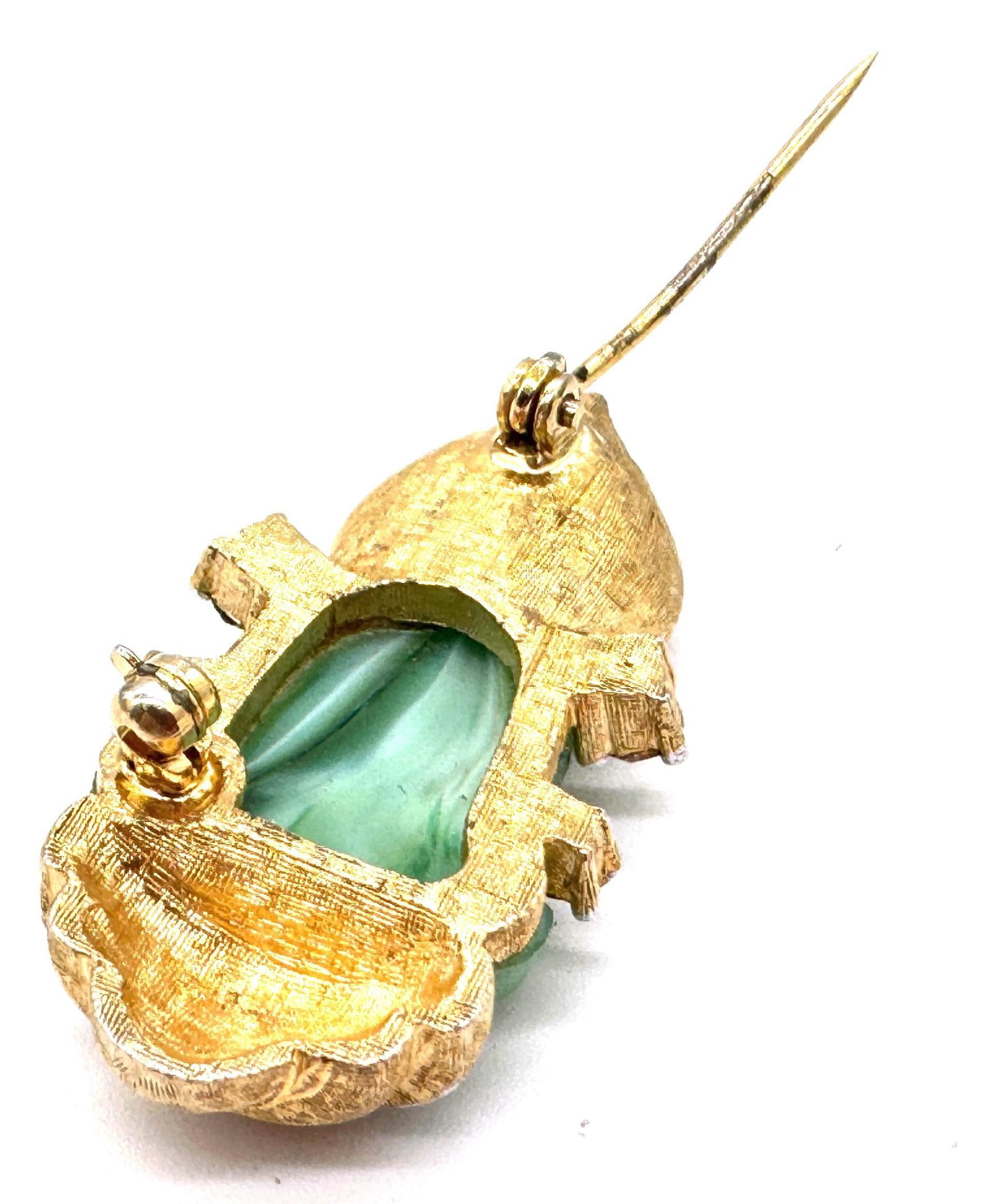 Faux Jade Buddha Pin With Rhinestones, Style of Cartier Travel Jewelry, 1950s - 16