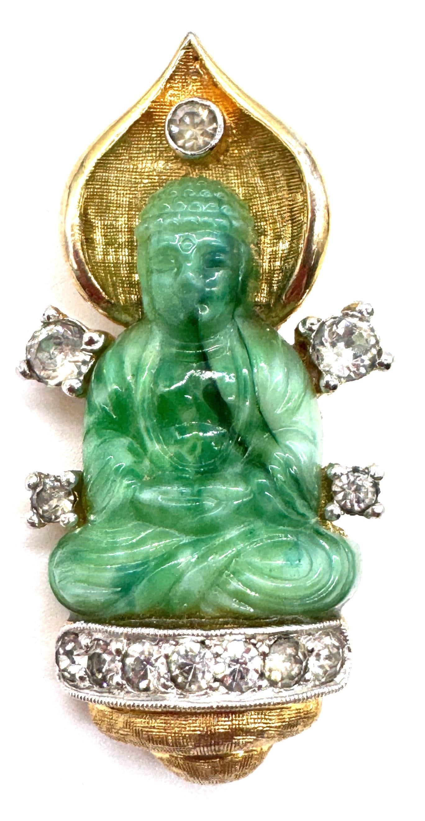 Faux Jade Buddha Pin With Rhinestones, Style of Cartier Travel Jewelry, 1950s - 17
