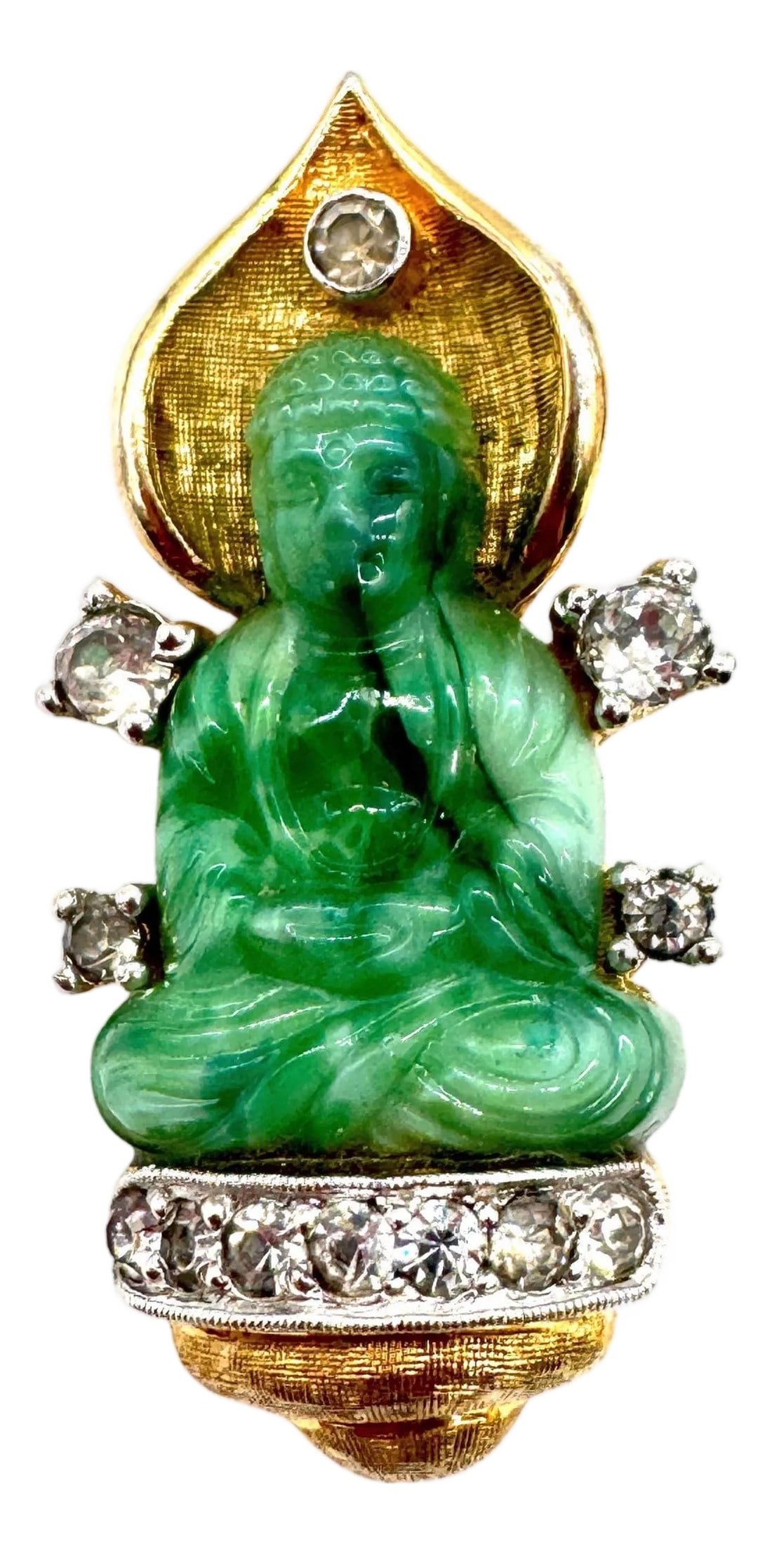 Faux Jade Buddha Pin With Rhinestones, Style of Cartier Travel Jewelry, 1950s: Mid-Century Faux Jade Buddha Pin with Rhinestones, in the Style of Cartier Travel Jewelry, c. 1950s Dimensions: 1.75" H x 0.75" W A glamorous and evocative mid-century costume jewelry brooch, this