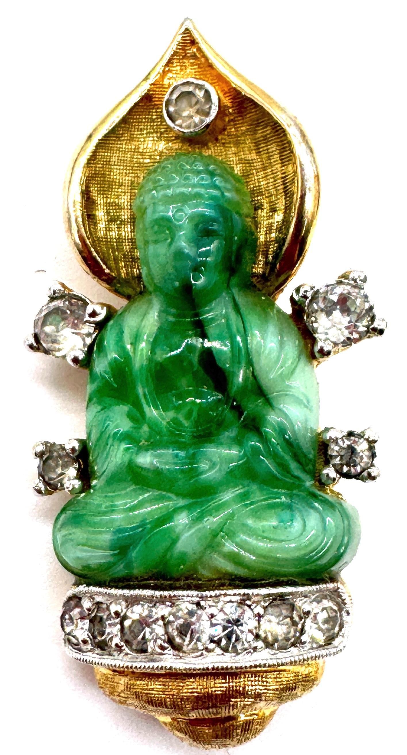 Faux Jade Buddha Pin With Rhinestones, Style of Cartier Travel Jewelry, 1950s - 2