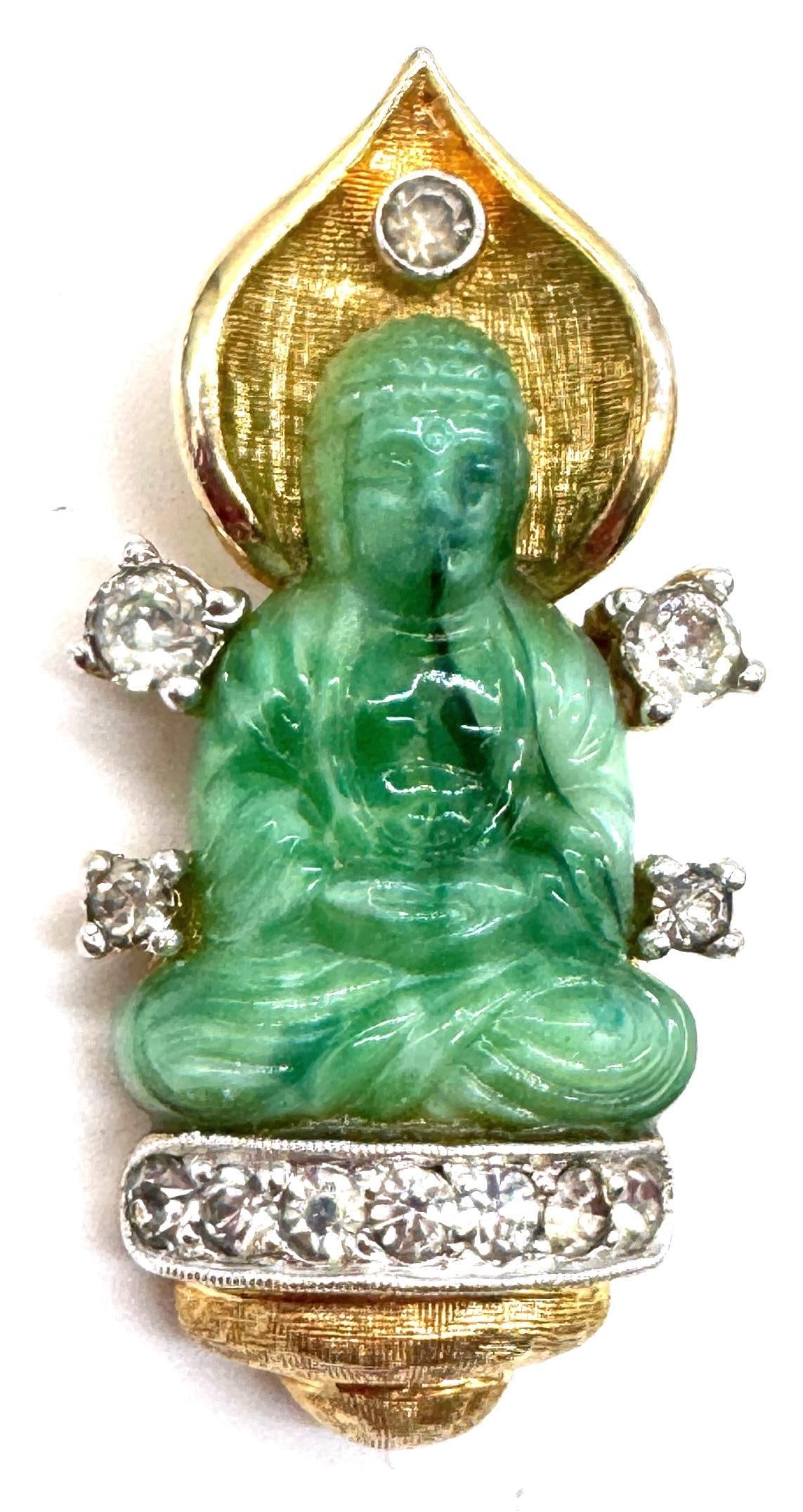 Faux Jade Buddha Pin With Rhinestones, Style of Cartier Travel Jewelry, 1950s - 4