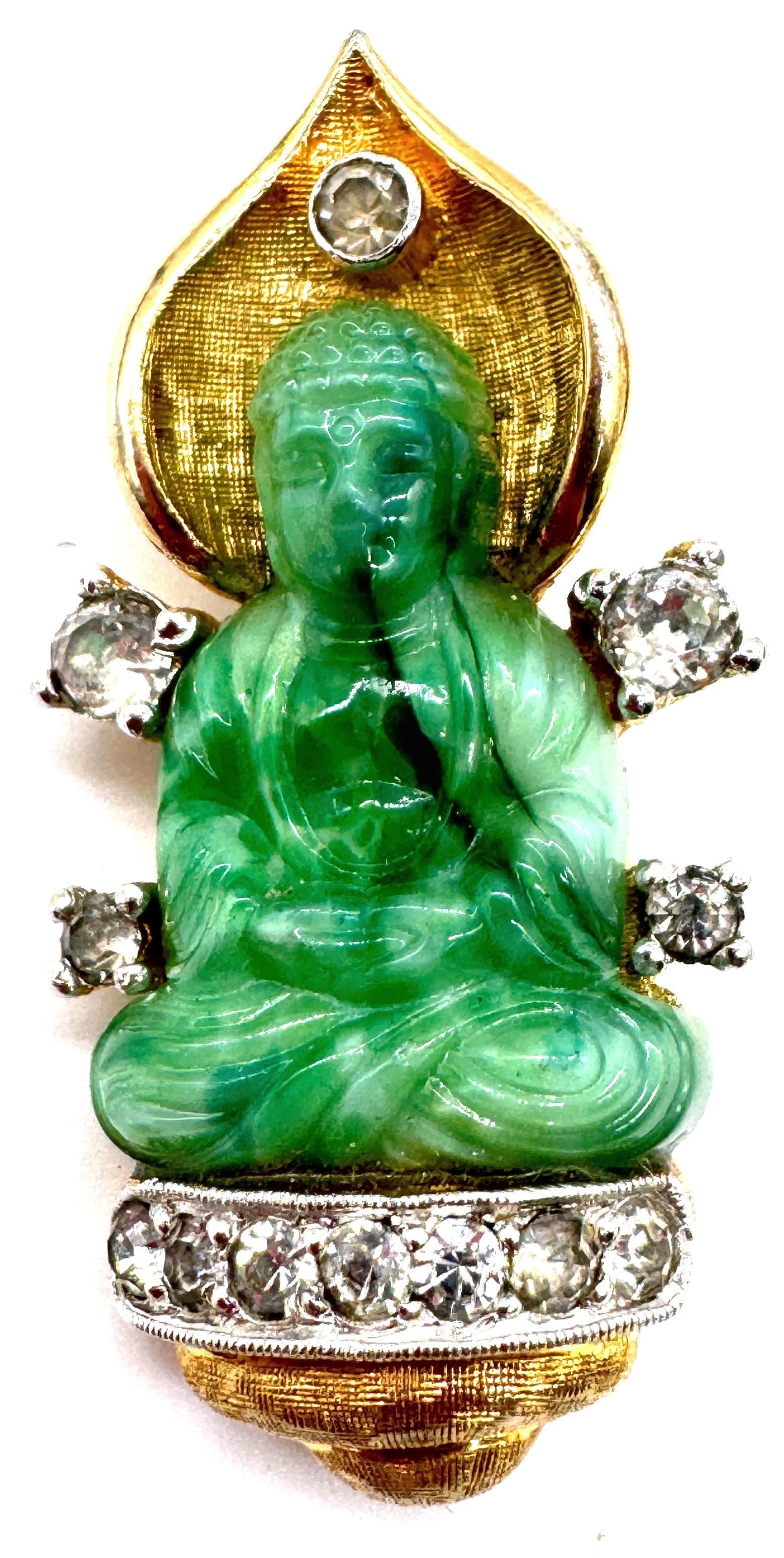 Faux Jade Buddha Pin With Rhinestones, Style of Cartier Travel Jewelry, 1950s - 5