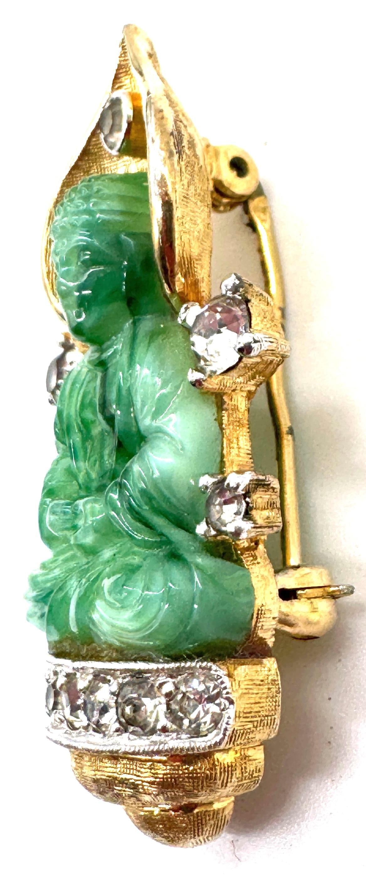 Faux Jade Buddha Pin With Rhinestones, Style of Cartier Travel Jewelry, 1950s - 6