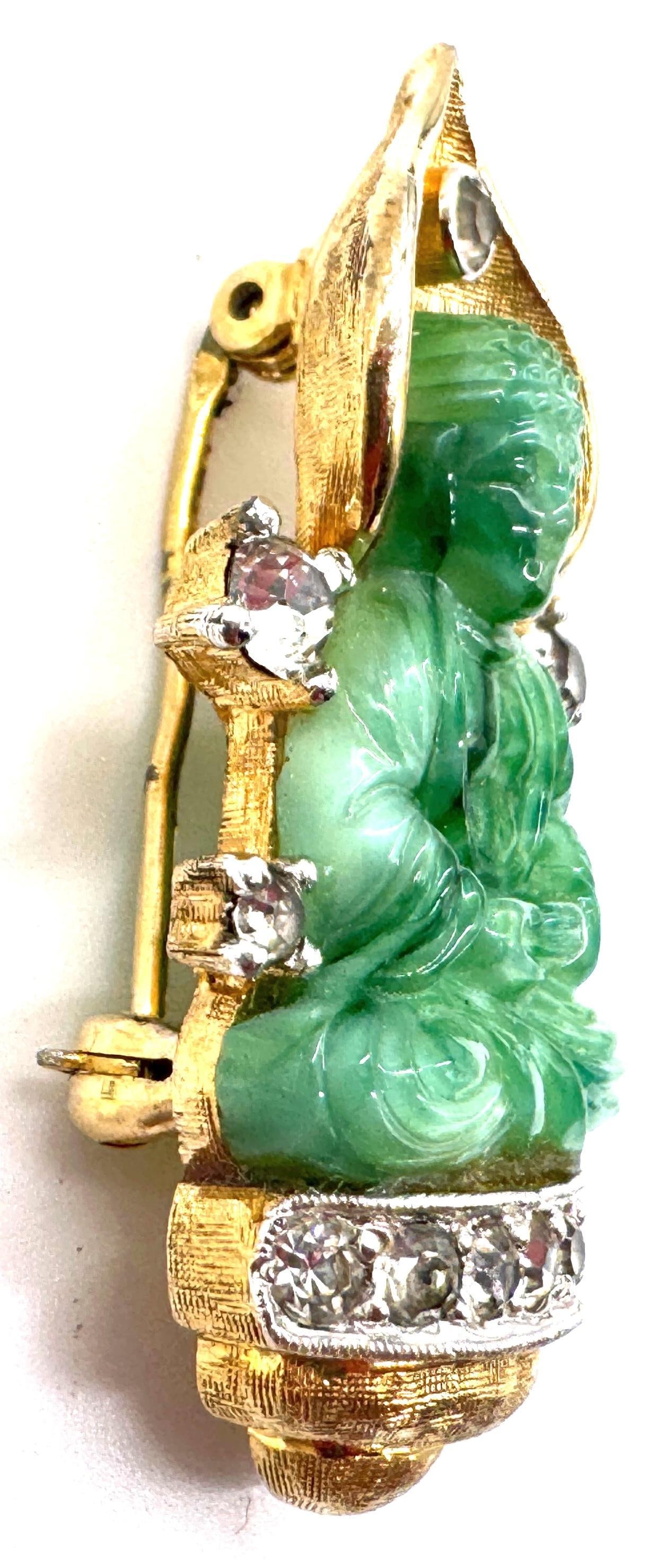 Faux Jade Buddha Pin With Rhinestones, Style of Cartier Travel Jewelry, 1950s - 7