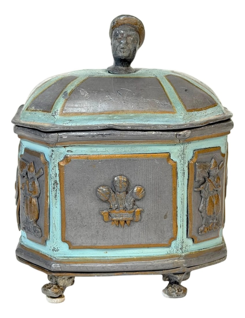 Regency "Brighton Pavilion" Tea Caddy or Tobacco Box England, circa 1820–1830: Regency "Brighton Pavilion" Tea Caddy or Tobacco Box England, circa 1820–1830 5.5" H × 5" W × 3.5" D Cast in lead or pewter with remnants of original polychrome decoration in