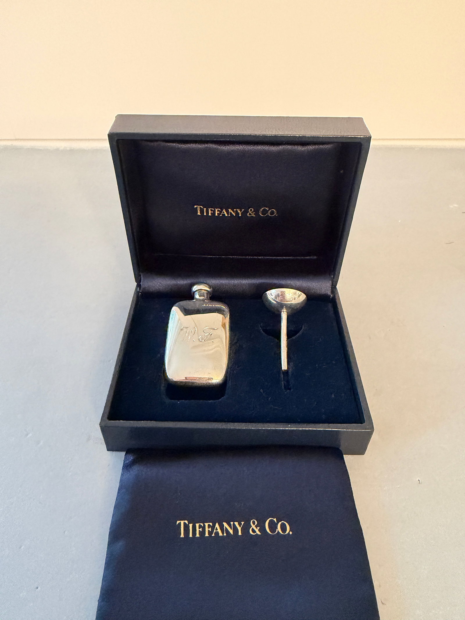 Tiffany & Co. Miniature Sterling Silver Traveling Perfume Flask and Funnel Set, Monogrammed W. F. - 2