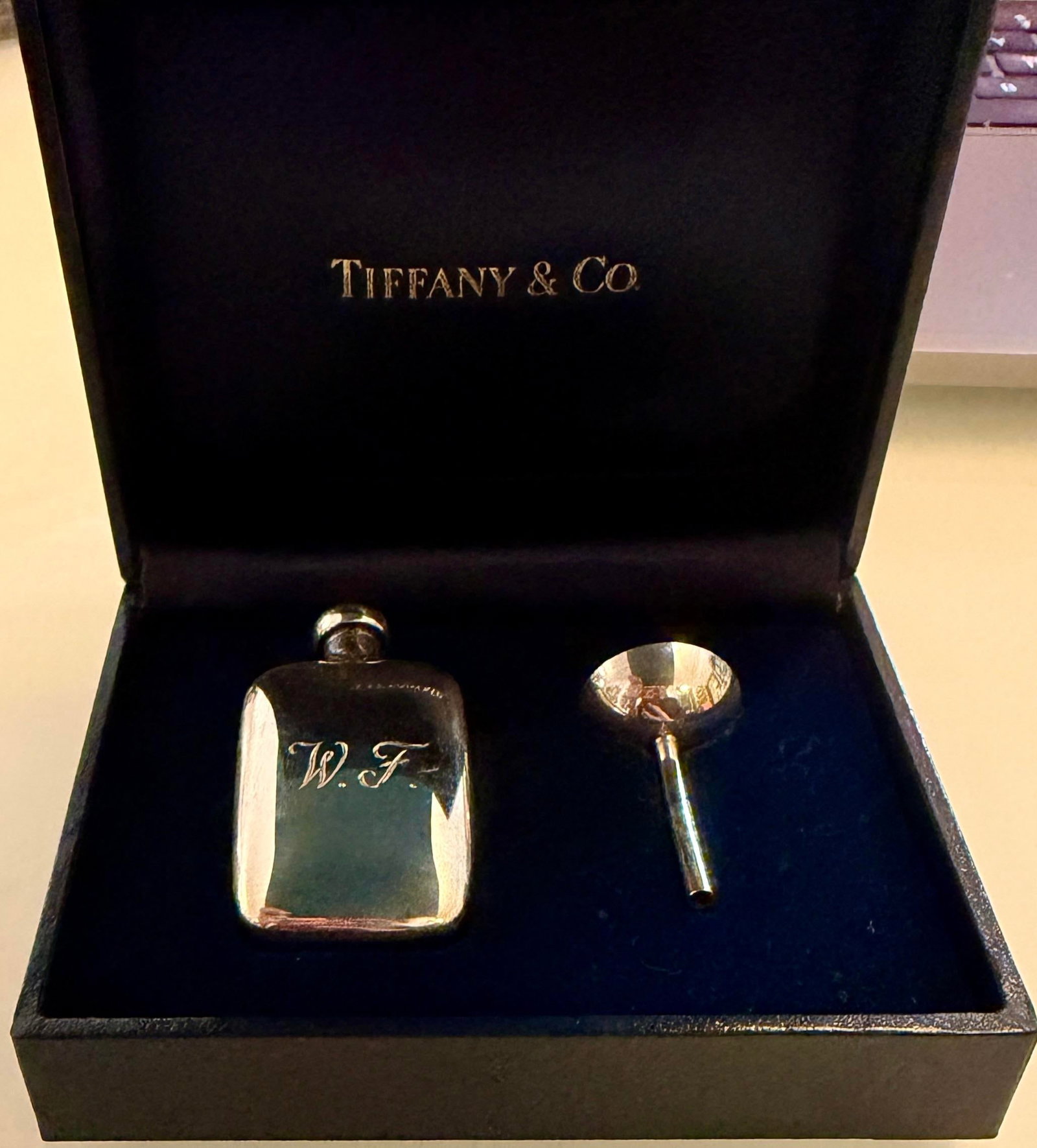 Tiffany & Co. Miniature Sterling Silver Traveling Perfume Flask and Funnel Set, Monogrammed W. F. - 7