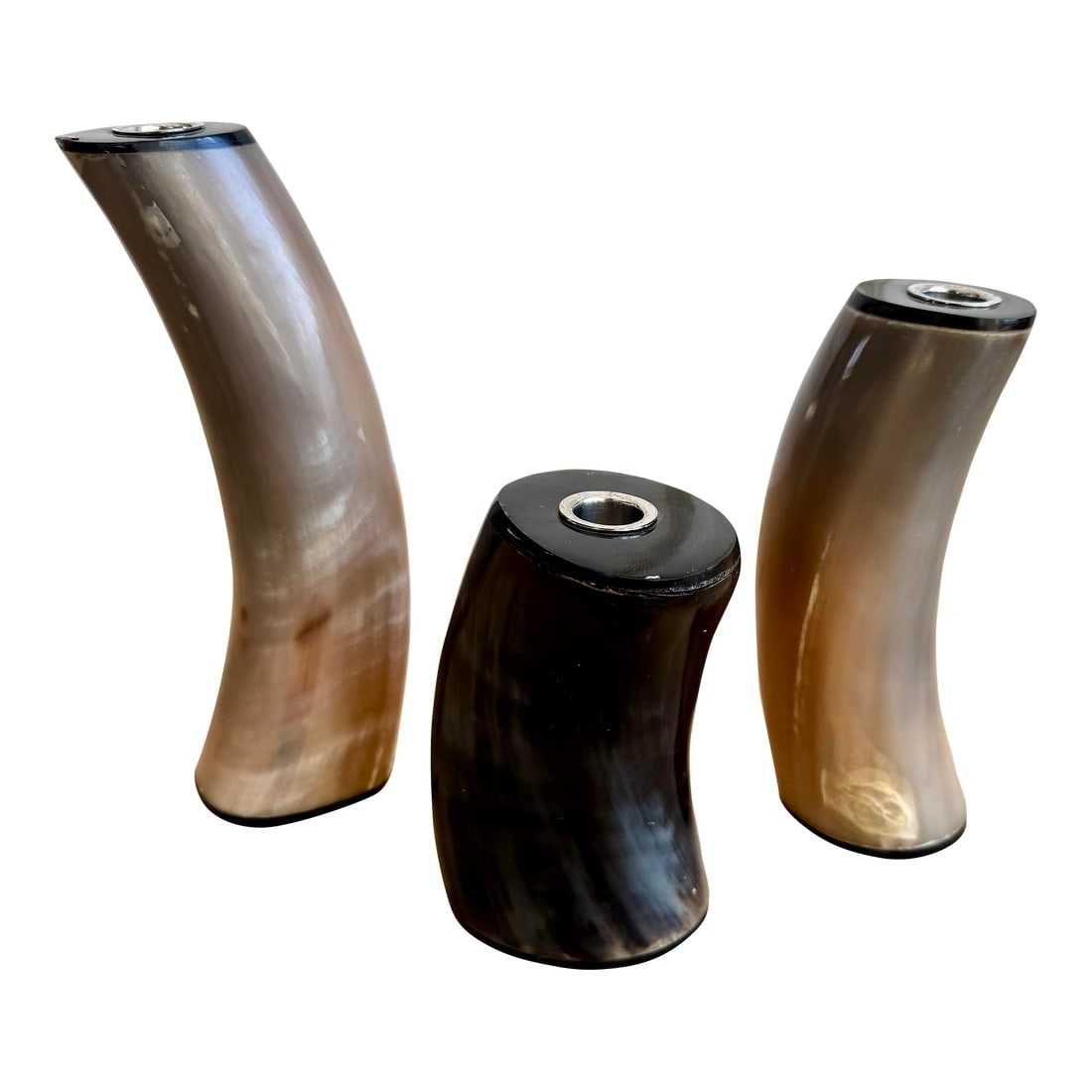 Set of 3 Sculptural Polished Horn Candlesticks – 1970s Organic Modern, Karl Springer Style: Sculptural set of three vintage polished horn candlesticks in the style of Karl Springer. Organic modern forms crafted from natural horn with rich tonal variation, dating to the late 1970s-80s. Each
