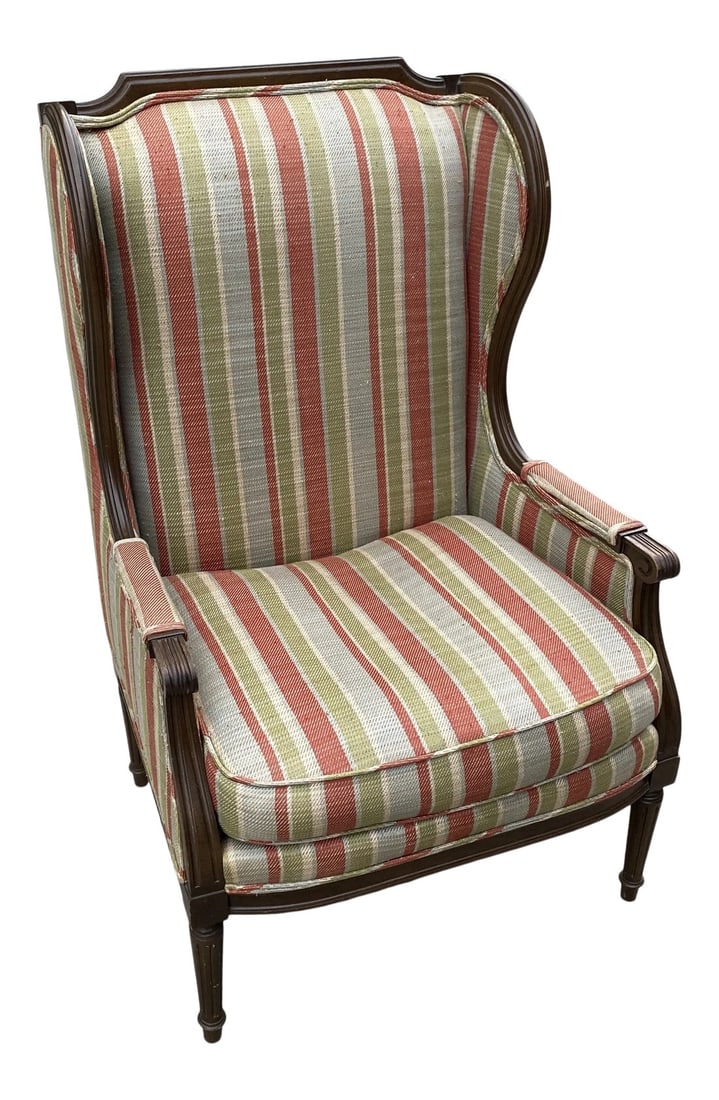 1970s Vintage Wooden Frame Chair: Wooden classic accent chair in good vintage condition. Striped upholstery is in good condition. Can use new upholstery. Chair is very comfortable. Please check out my other items Condition: