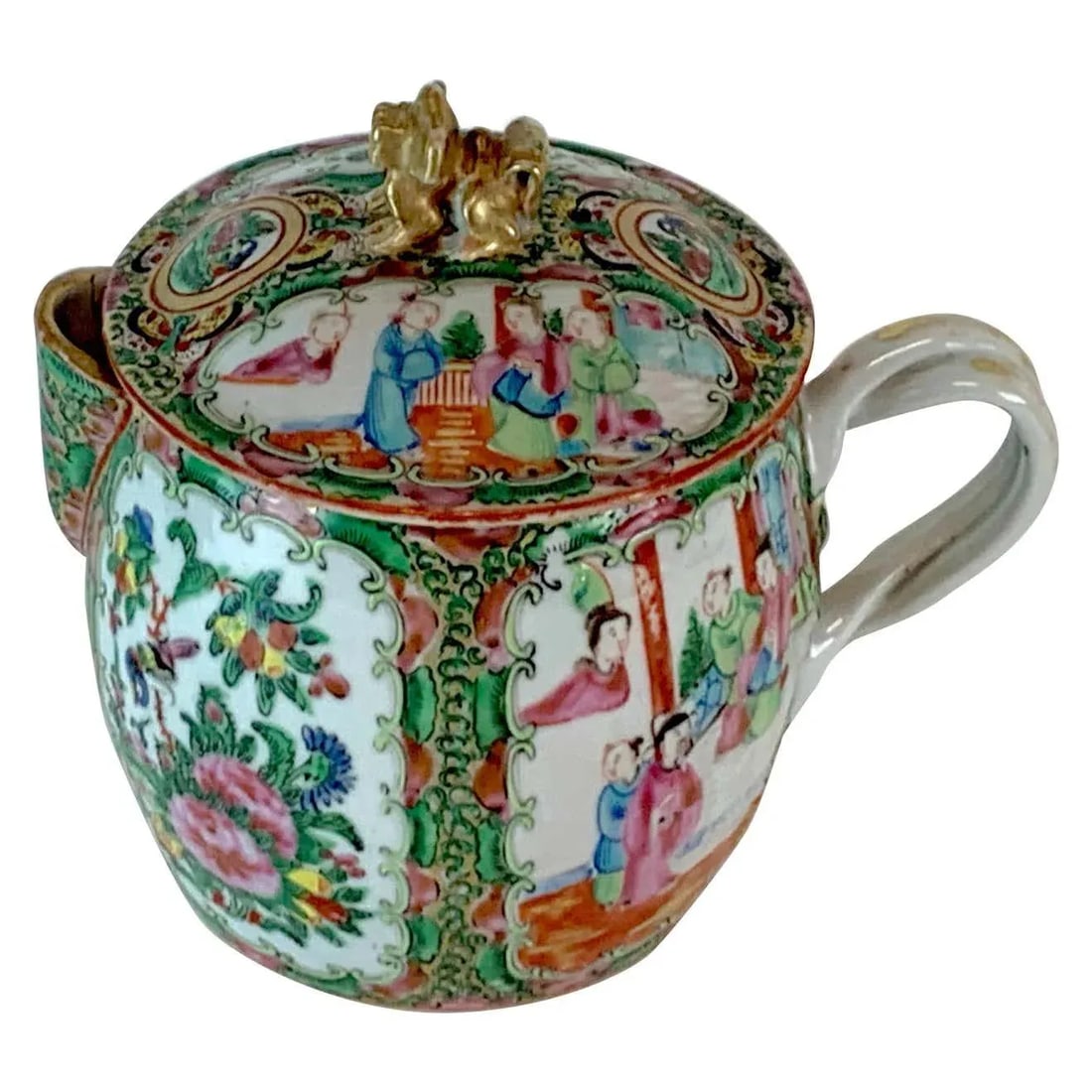 19th Century Rose Medallion Cider Pitcher With Foo Dog Finial - 13