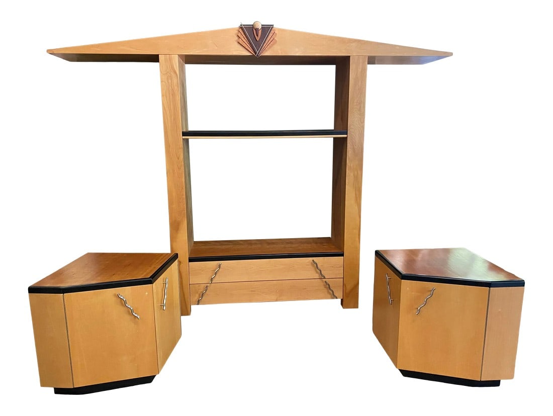 Large Art Deco Shelving Unit & Cabinets, 3 Pieces: Stunning handcrafted and original art deco shelving unit. This is a one of a kind piece, wouldn't you love to own the only original, now you can! Please check out my other listings. Smalls cabinets