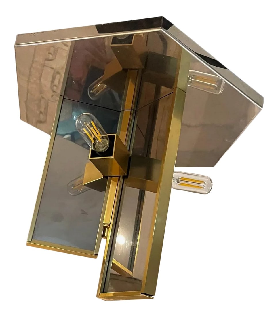 1970s Sciolari Flush Ceiling Lamp Stainless & Brass Italy: AMBIANIC presents AMBIANIC presents 1970s Lightolier Geometric Ceiling Lamp Stainless Steel & Brass Italy Spectacular Flush Mount. Two lamps available, Price per one item. Maker stamped Lightolier. At