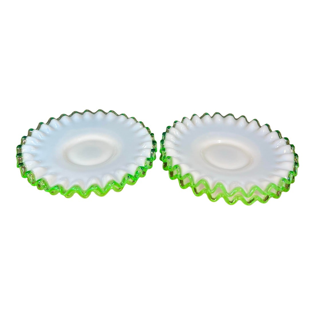Mid 20th Century Fenton Emerald Crest Milk Glass Saucer Plates - Set of 4: Milk white body with a green crimped edge. C. 1949-1952. Condition: Alterations: Original Condition Unaltered Imperfections: Some Imperfections Condition Notes: Good condition, no chips or cracks