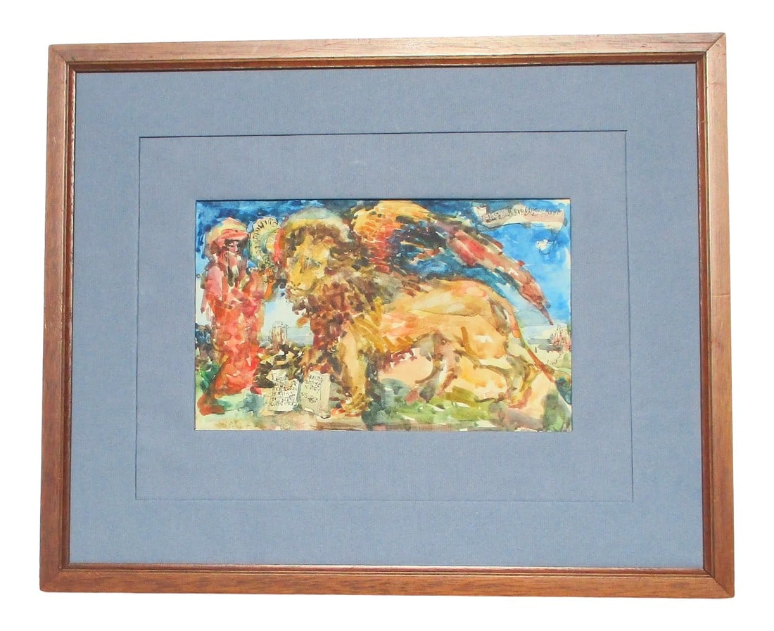 1977 "Lion of St. Mark" Watercolor Painting by R. Huber, Framed (1 of 9)