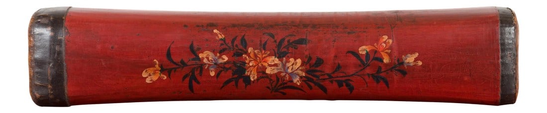 Chinese Qing Dynasty Cinnabar Lacquer Leather Pillow with Hand Painted Flowers: A Chinese Qing dynasty period cinnabar lacquer leather pillow from an antique opium bed, with hand painted floral motifs. Created in China during the Qing dynasty, this leather pillow features a