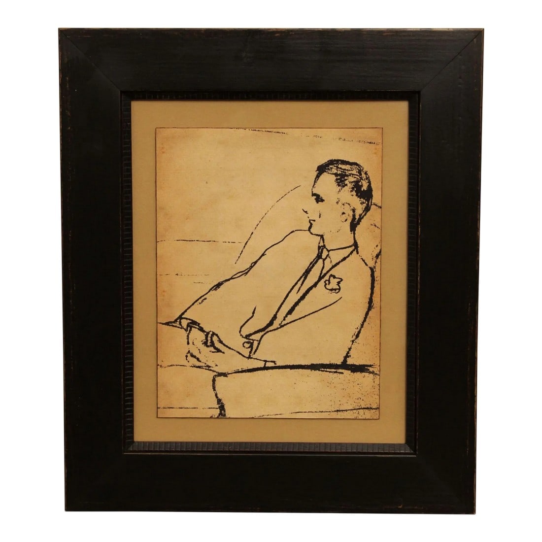Custom Soicher Marin Sketch, 'Man Seated': Man Seated', From the 'Day at the Tack Series', custom sketch produced by Soicher Marin, Gallery label on back, Custom black frame. Dimensions: 13.05 x 11 sight, 17.25 x 14.75 framed. Condition: