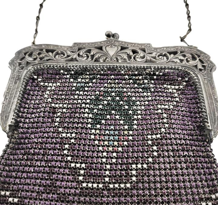 Whiting & Davis Mesh Purse Silver Filigree Frame With Heart in Center - Art Deco Flapper Era - 4